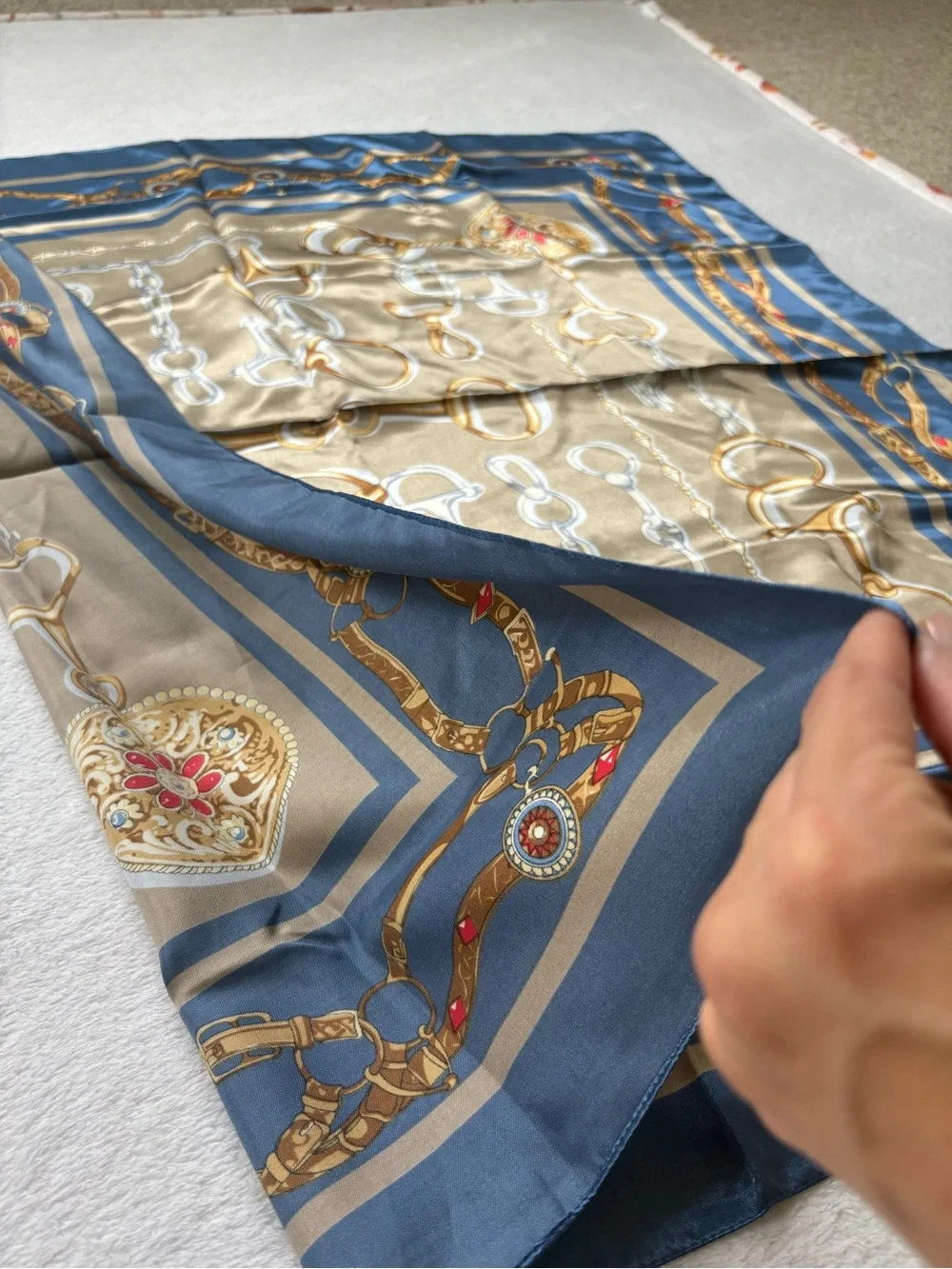 Silk-Feel Navy and Taupe Chain Print Scarf